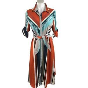 Mango MNG Multicolor Mixed Striped Button Down Tie Belt Midi Shirt Dress Sz 6